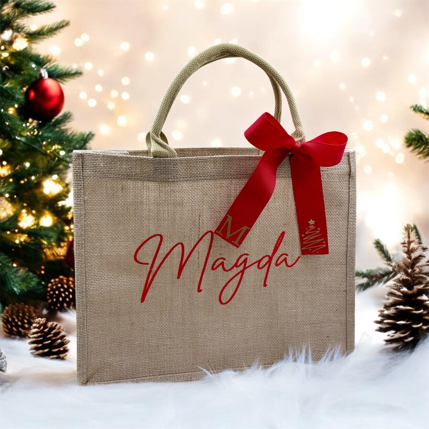 Personalized Jute Gift Bag ā Red Ribbon Christmas Edition
