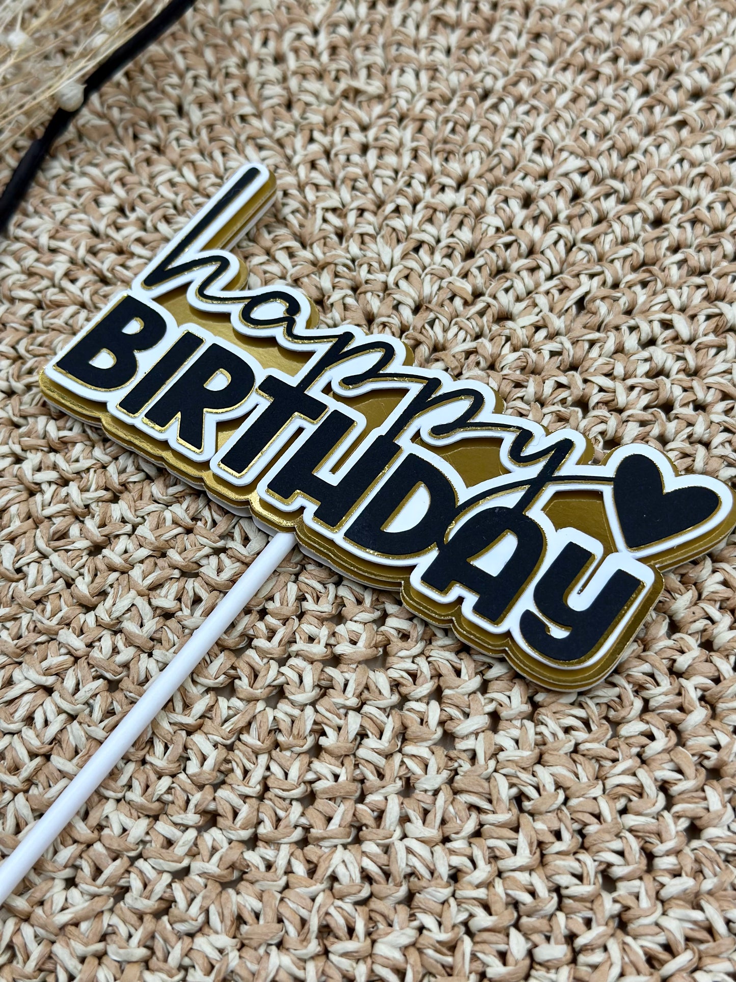 Happy Birthday Cake Topper – Black, White & Gold | Cardstock Topper for Any Cake Size