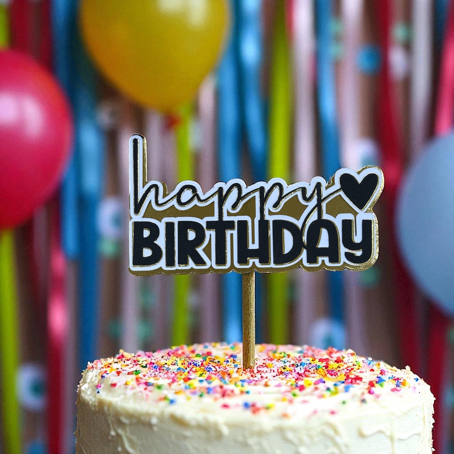 Happy Birthday Cake Topper – Black, White & Gold | Cardstock Topper for Any Cake Size