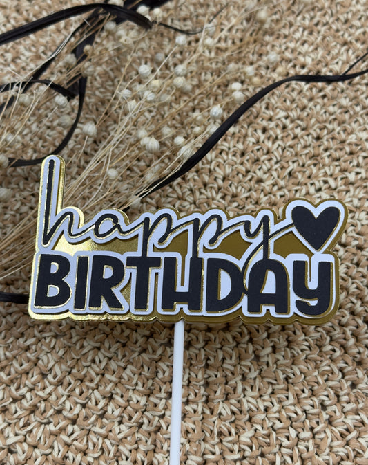 Happy Birthday Cake Topper – Black, White & Gold | Cardstock Topper for Any Cake Size