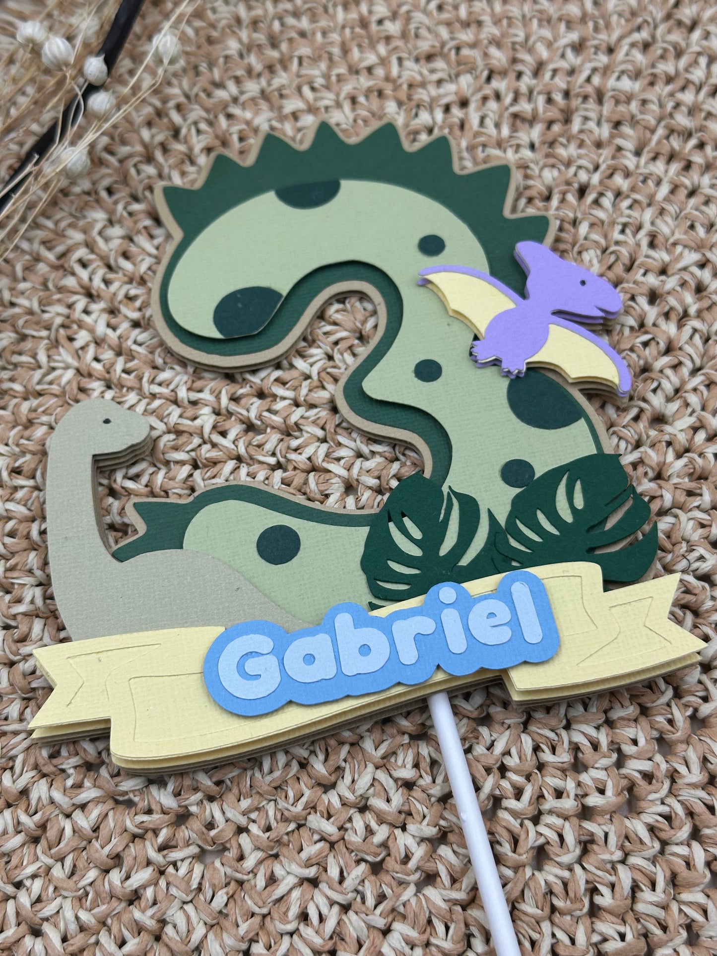 Dinosaur Cake Topper – Personalised with Name & Number – Kids Birthday Party Decor – Custom Colours Available