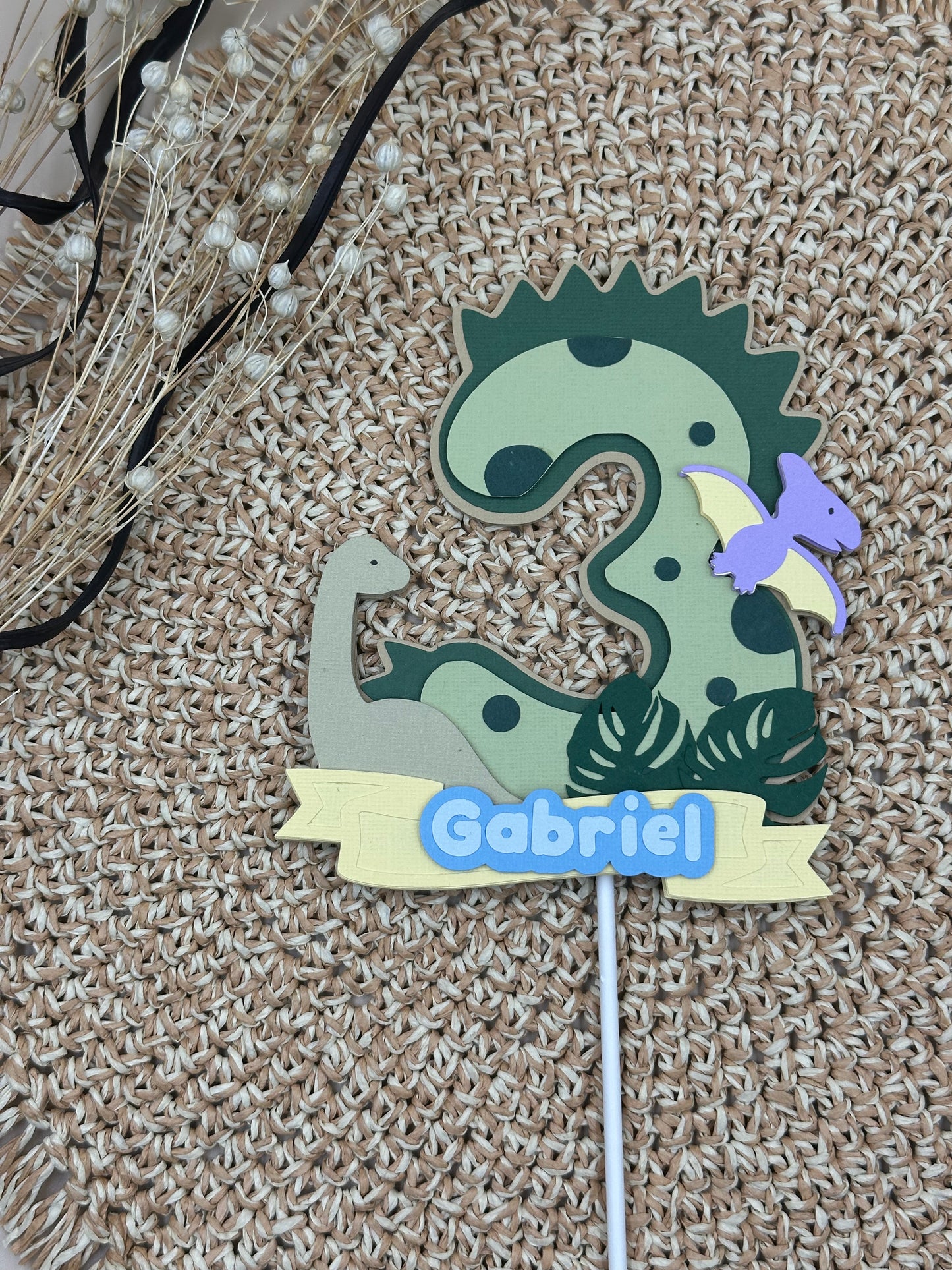 Dinosaur Cake Topper – Personalised with Name & Number – Kids Birthday Party Decor – Custom Colours Available