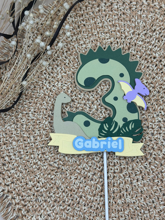 Dinosaur Cake Topper – Personalised with Name & Number – Kids Birthday Party Decor – Custom Colours Available