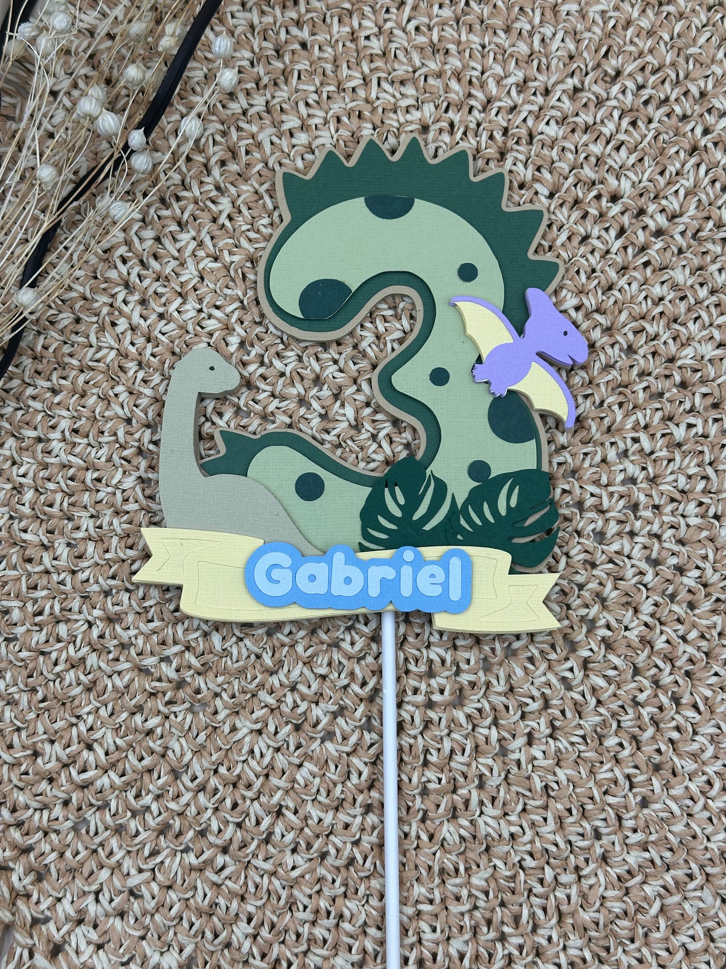 Dinosaur Cake Topper – Personalised with Name & Number – Kids Birthday Party Decor – Custom Colours Available