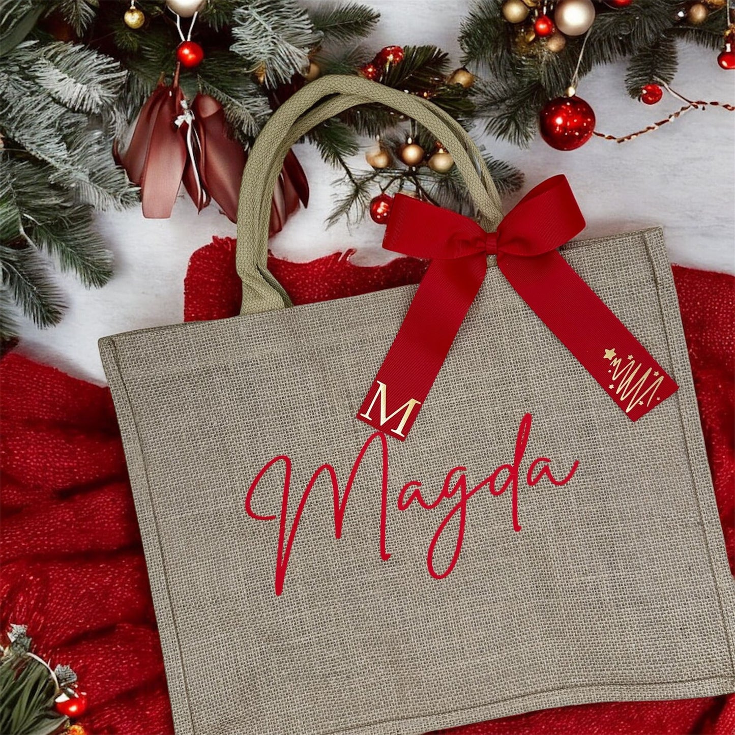 Personalized Jute Gift Bag – Red Ribbon Christmas Edition