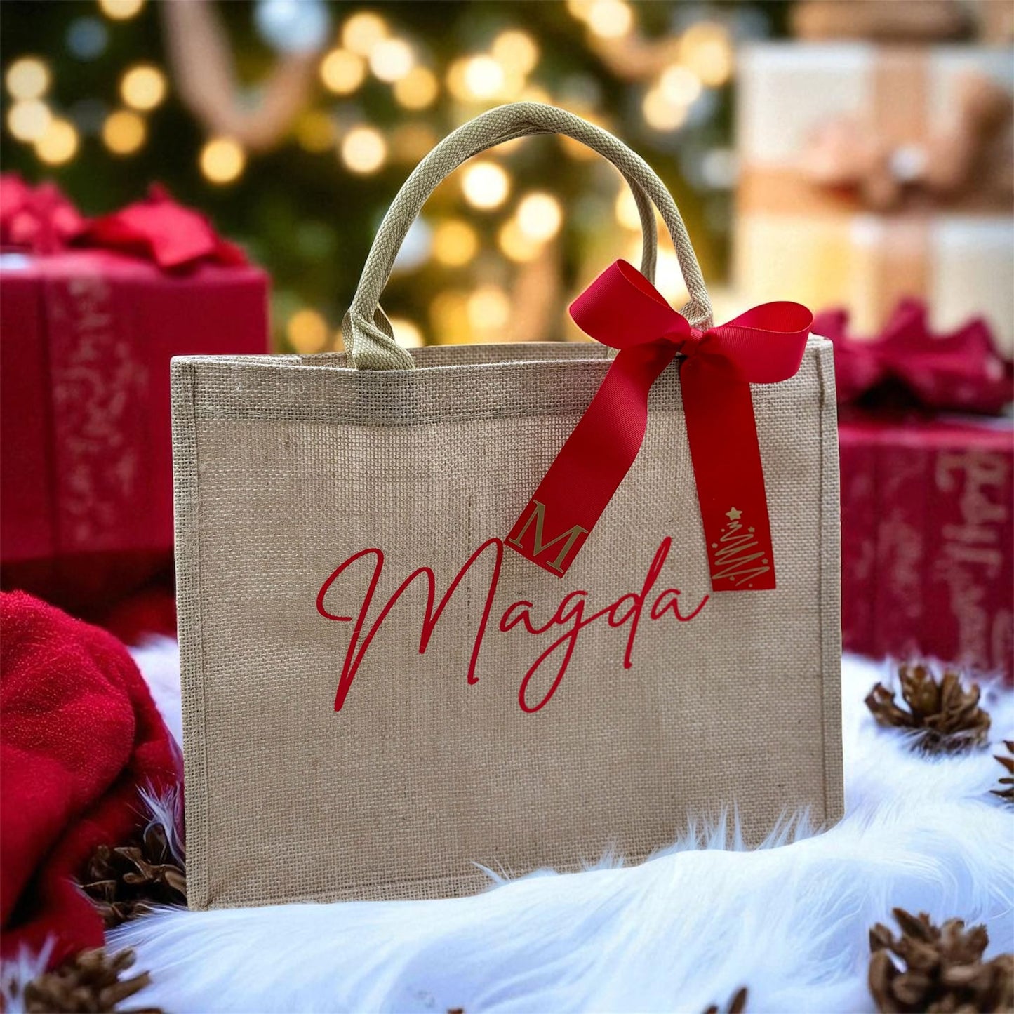 Personalized Jute Gift Bag – Red Ribbon Christmas Edition
